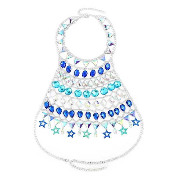 Urieo Boho Rhinestones Body Chains Silver Star Tassel - Picture 1 of 1